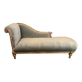 19th Century Giltwood Chaise Longue With New Sage Velvet Upholstery For Sale
