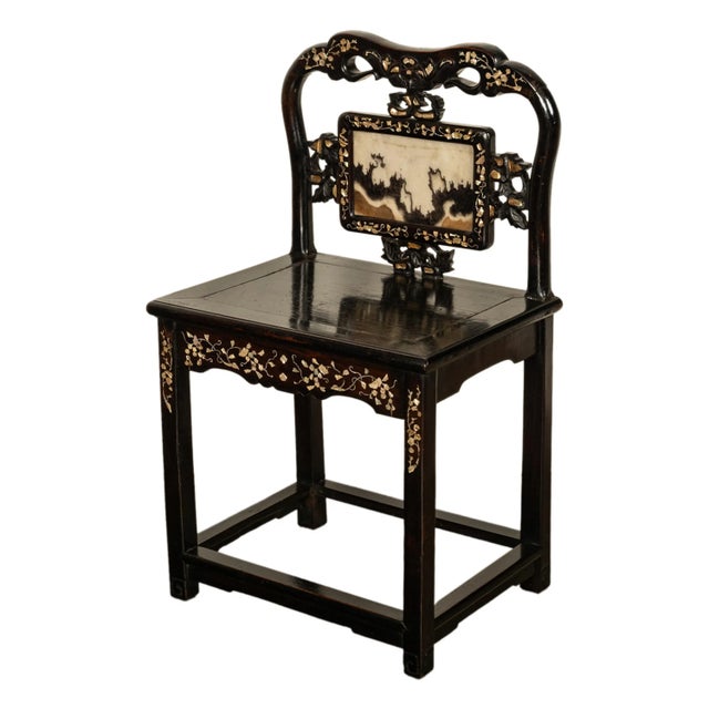 Antique Chinese 19th C Qing Dynasty Inlaid Dreamstone Mother of Pearl Chair 1850 For Sale - Image 9 of 13
