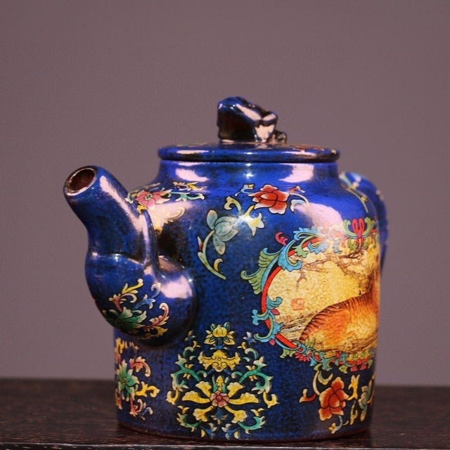 Blue Vintage Yixing Zisha Teapot With Box – Painted Enamel Tiger & Buffalo Motif For Sale - Image 8 of 9