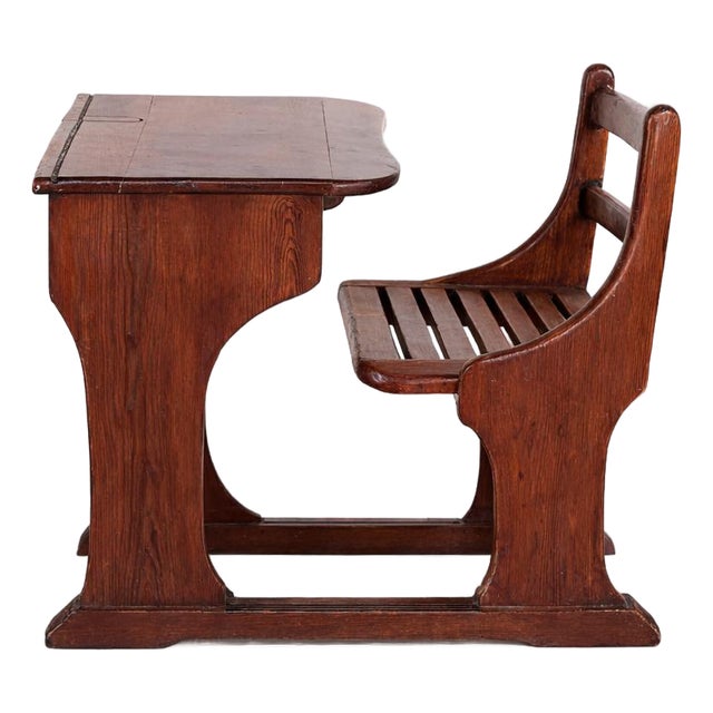 Antique Pine School Desk with Attached Bench For Sale