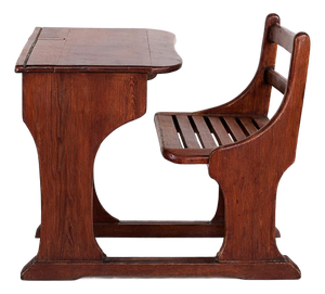 Antique Pine School Desk with Attached Bench