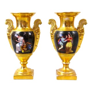Pair of Old Paris Gilt Porcelain Decorative Vases With Romantic Scenes For Sale