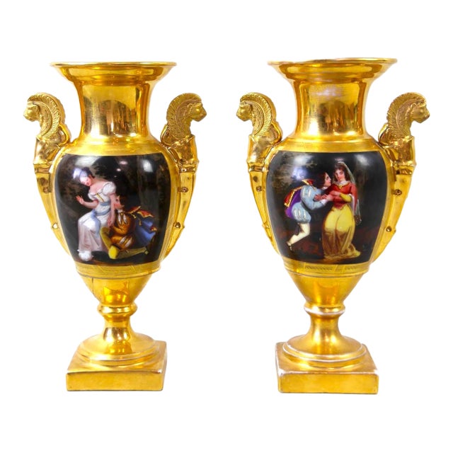 Pair of Old Paris Gilt Porcelain Decorative Vases With Romantic Scenes For Sale