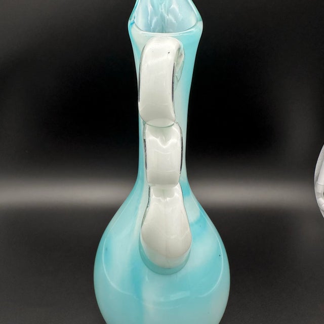 Glass Vintage Empoli Cased Blue & White Glass Art Pitcher For Sale - Image 7 of 8