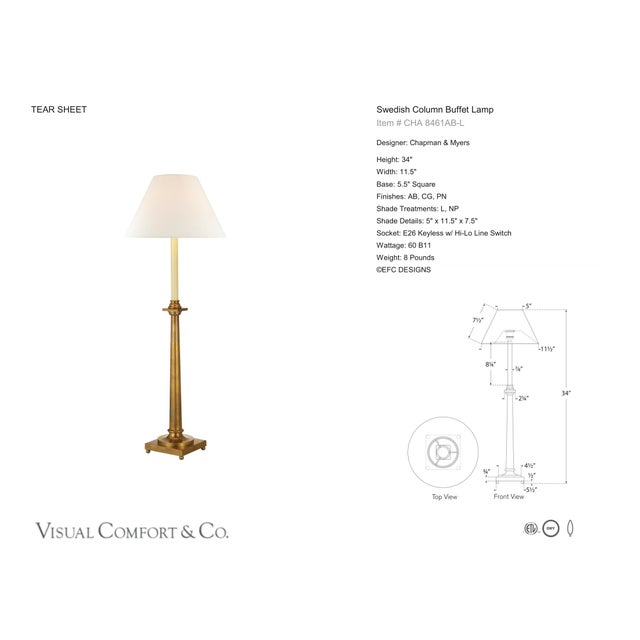 Chapman & Myers by Visual Comfort Signature Swedish Column Buffet Lamp in Antique-Burnished Brass with Linen Shade...
