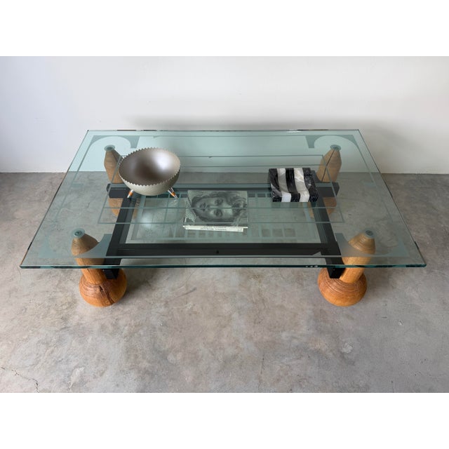 1980s Italian Postmodern Sculptural Turned Wood & Glass Two-Tier Rectangular Coffee Table For Sale - Image 4 of 17