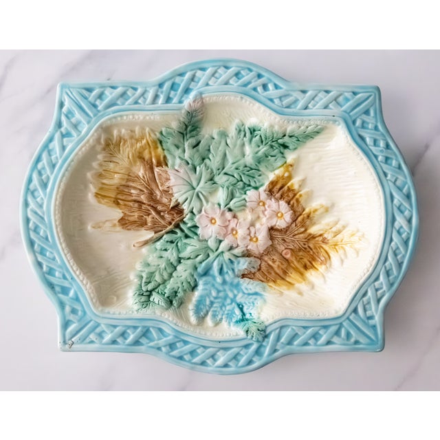19th Century English Majolica Turquoise Basketweave Floral Platter For Sale - Image 9 of 9