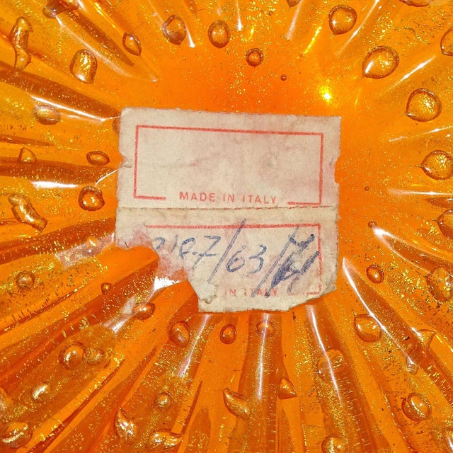 Tangerine Vintage Barovier Toso Murano Bright Orange Bubbles Gold Flecks Italian Art Glass Scalloped Bowl For Sale - Image 8 of 8