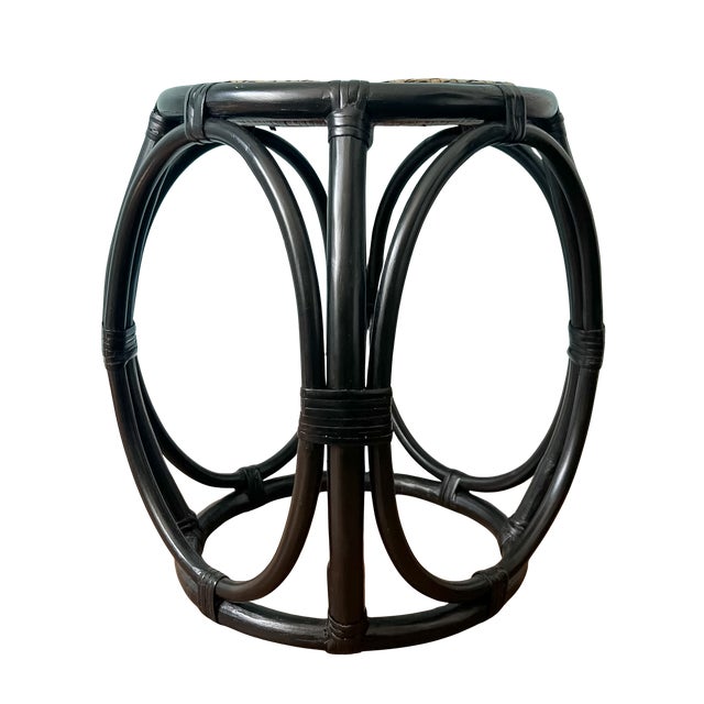 Vintage Black Rattan & Woven Cane Low Stool / Side Table / Plant Stand – British Colonial / Boho For Sale - Image 11 of 11