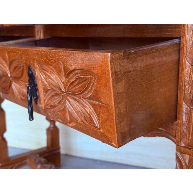 19th Century Catalan Spanish Carved Walnut Console Sofa Table, Four Drawers For Sale - Image 14 of 18