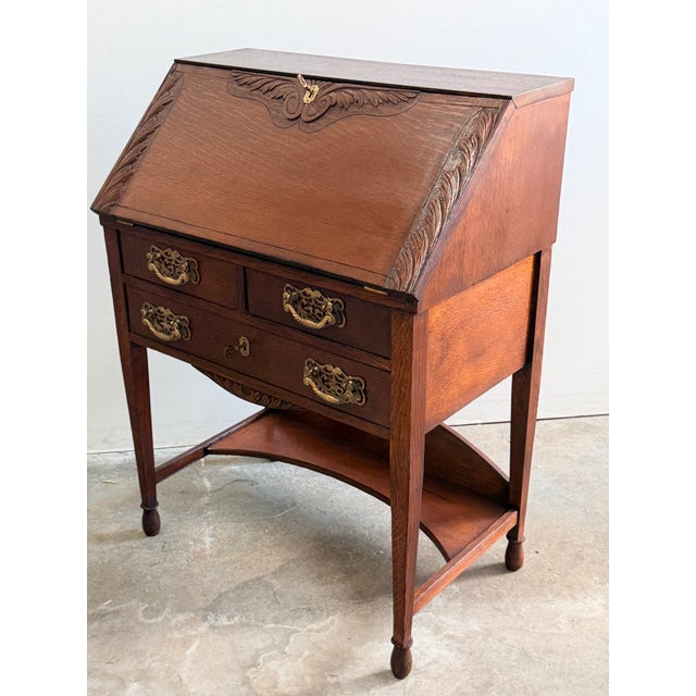 Antique Victorian Slant Front Carved Secretary For Sale In New York - Image 6 of 16