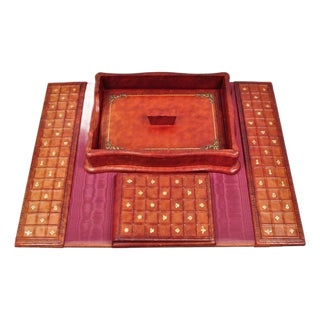 Vintage Italian Hollywood Regency Red Tooled Leather Gold Gilt 3 Pc Desk Set For Sale