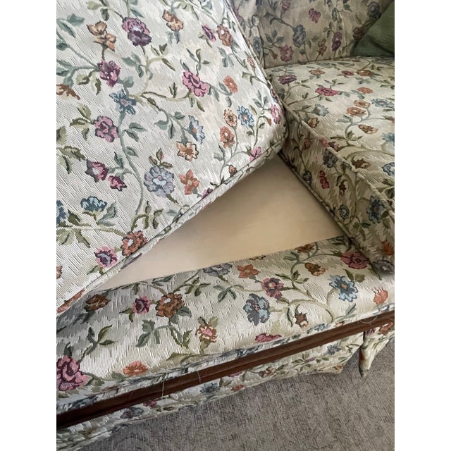 Vintage Traditional Floral Sofa With Exposed Wood Frame – Reupholstered For Sale - Image 9 of 12