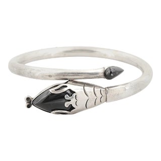 1980s Mexican Modern Sterling Obsidian Snake Bangle Bracelet-Hallmark-Two Trees -Listed in Book For Sale