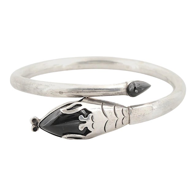 1980s Mexican Modern Sterling Obsidian Snake Bangle Bracelet-Hallmark-Two Trees -Listed in Book For Sale