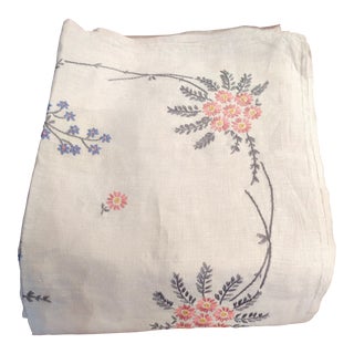 1950's Handmade-Embroidered Linen Tablecloth in Periwinkle, Olive and Bubblegum Pink For Sale