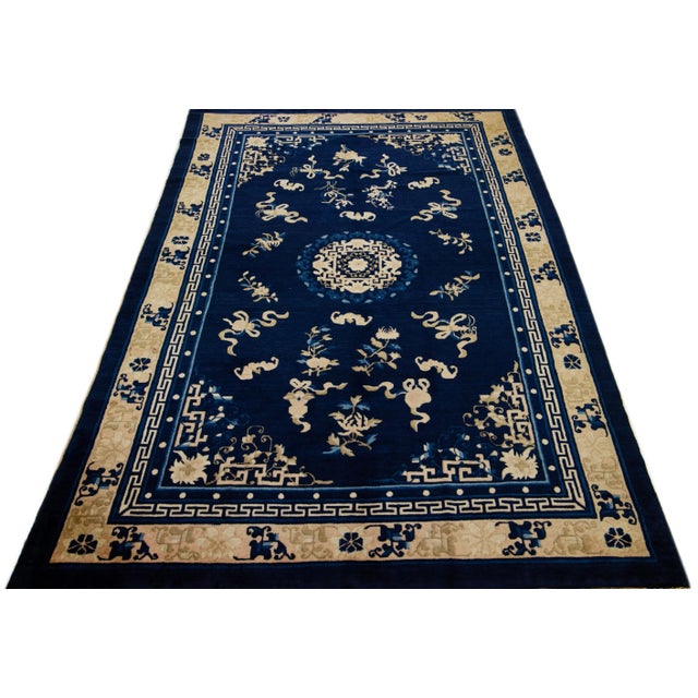 Chinese 1920s Antique Chinese Peking Wool Rug Handmade Blue With Classic Floral Design For Sale - Image 3 of 7