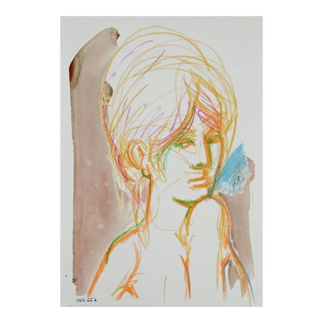 Leo Guida, Female Portrait, Pastel and Watercolor, 1960s For Sale