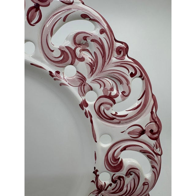 Ceramic Vintage Pink and White Hand Painted Reticulated Platter - Made in Portugal For Sale - Image 7 of 10