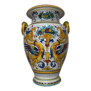 Monumental Antique Handmade Italian Majolica Painted Terracotta Gp Pottery Vase For Sale