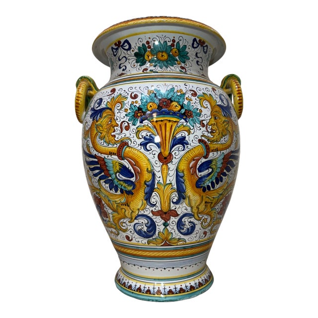 Monumental Antique Handmade Italian Majolica Painted Terracotta Gp Pottery Vase For Sale