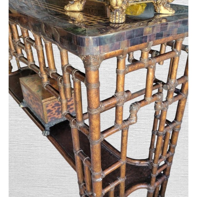 1980s Vintage Chinese Chippendale Lexington Tortoiseshell Bronze Black Extra Long Tessellated Top Console Sofa Table For Sale - Image 5 of 15