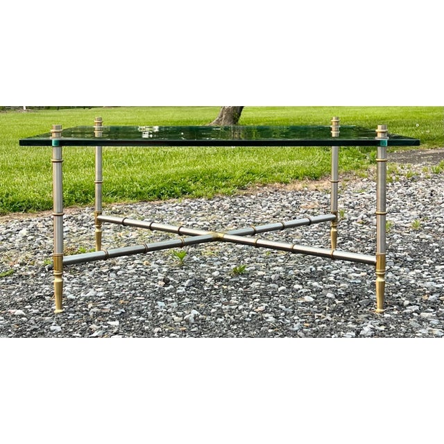 Silver Faux Bamboo Nickel and Brass Glass Top Coffee Table For Sale - Image 8 of 8
