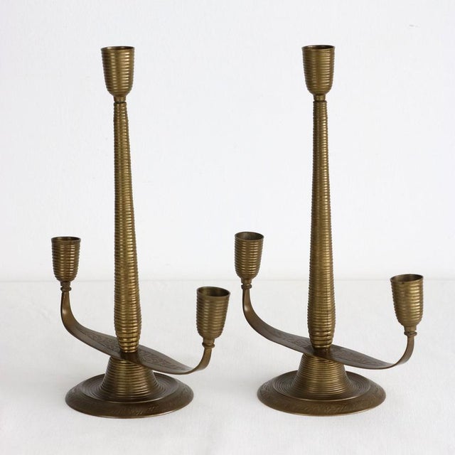 Metal Vintage Three-Lamp Candlesticks in Engraved Brass, 1950s, Set of 2 For Sale - Image 7 of 7