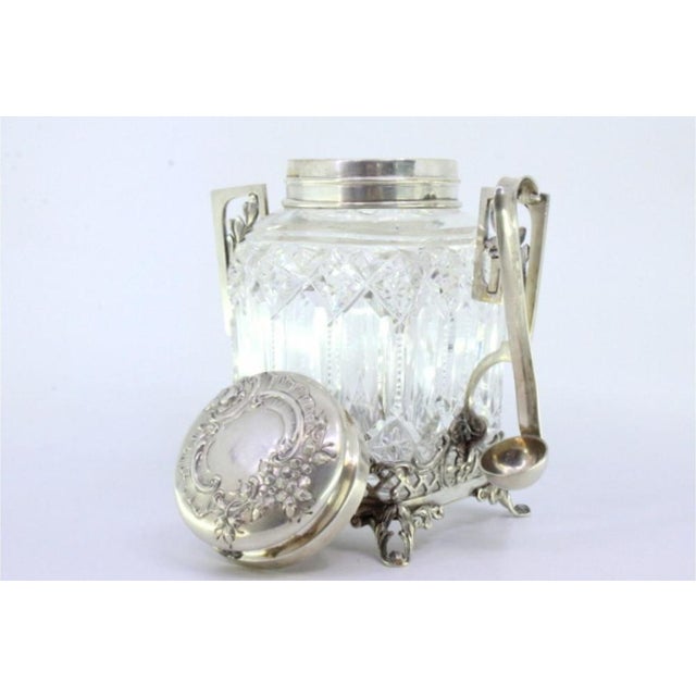 Silver and Glass Compote Dish with Floral Motifs, Lid with Monogram Plaque and Openwork Feet For Sale - Image 4 of 8