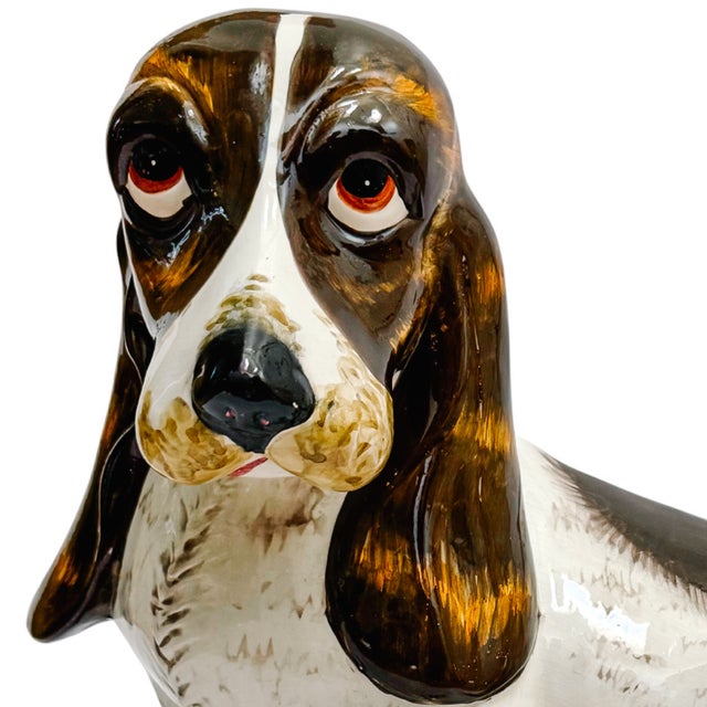English Mid-Century Italian Hand-Glazed Majolica Reclining Basset Hound Statue For Sale - Image 3 of 12