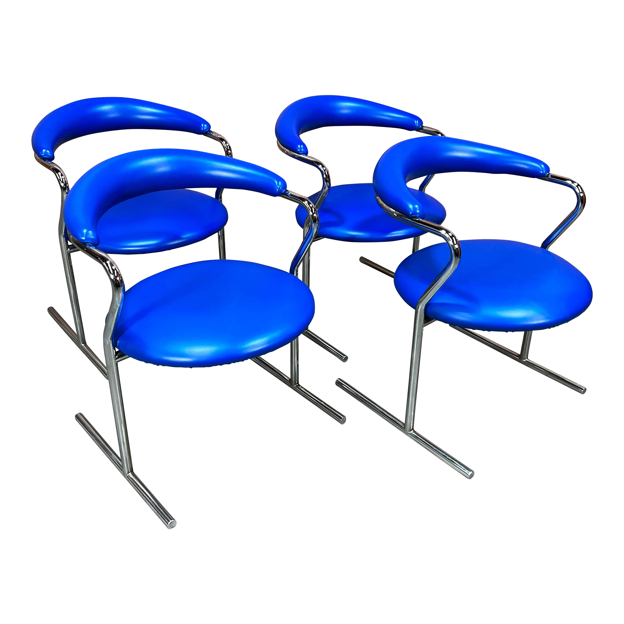 Mid Century Modern Blue Vinyl & Chrome Dining Chairs by Anton