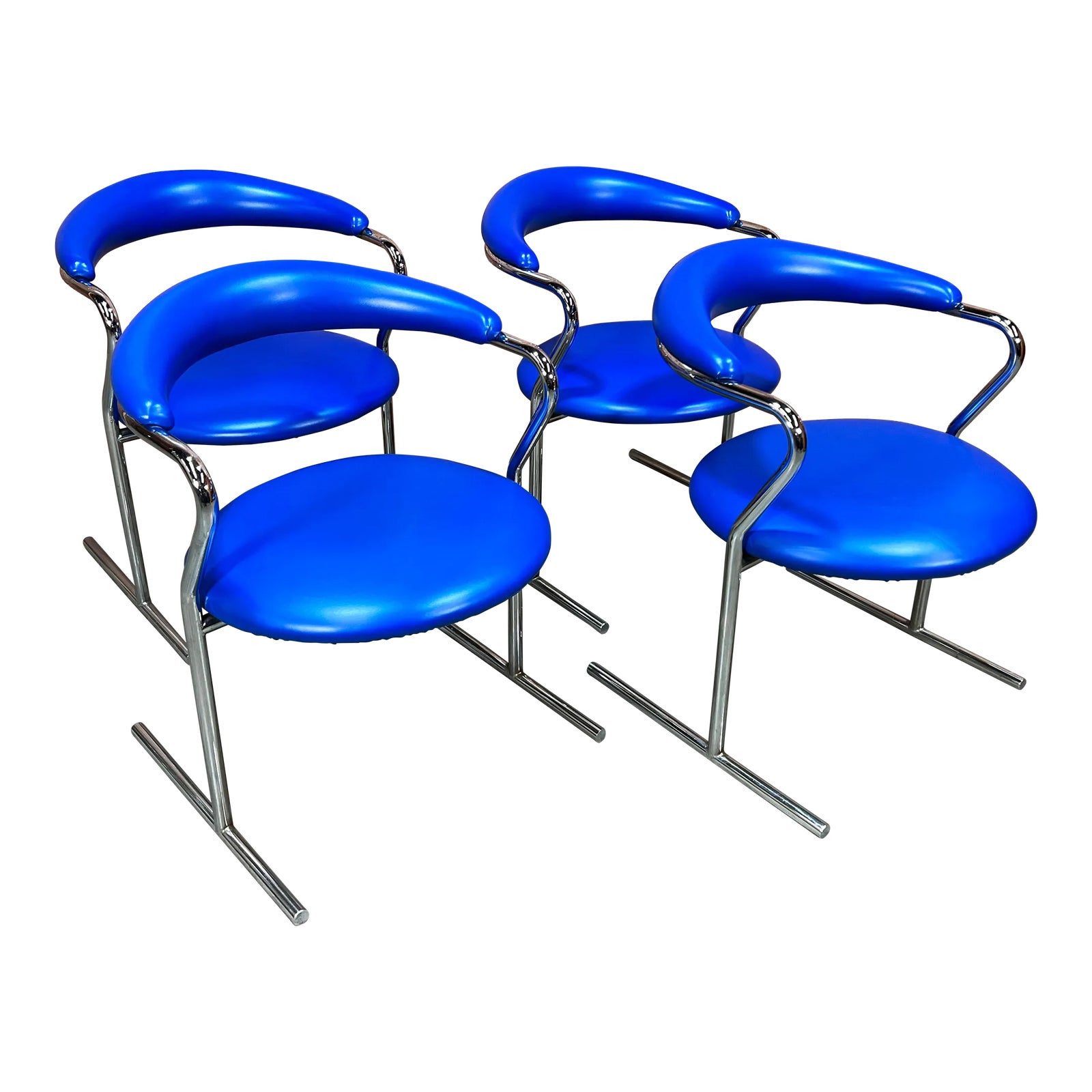 Mid Century Modern Blue Vinyl & Chrome Dining Chairs by Anton Lorenz for Thonet - Set of 4