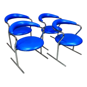 Mid Century Modern Blue Vinyl & Chrome Dining Chairs by Anton Lorenz for Thonet - Set of 4