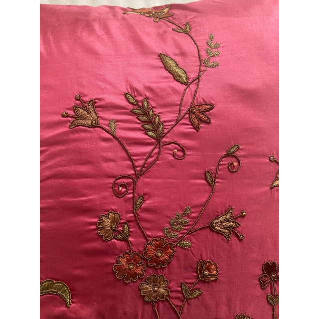 Textile Zardozi Floral Embroidered Accent Decorative Silk Pillow Cover For Sale - Image 7 of 9