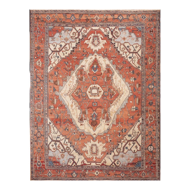 Radiant Orange Terra Cotta Color With Great Medallion Design Antique Serapi Rug For Sale