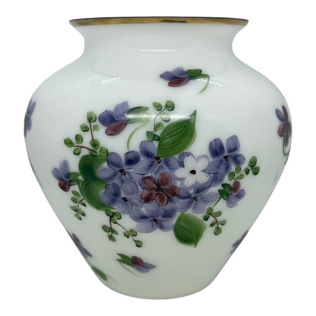 Vintage Consolidated Phoenix Glass Handpainted Regent Violets Art Glass Vase For Sale