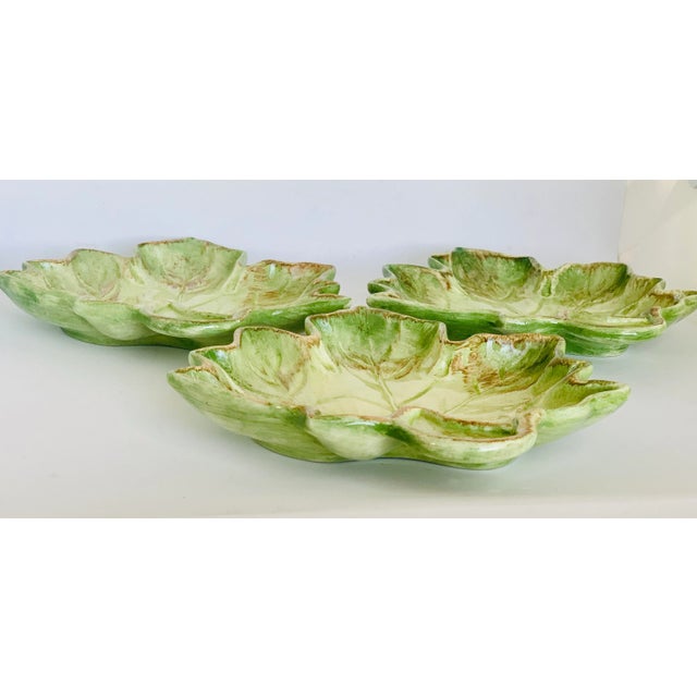 Vintage Portuguese Faiancas Neto & Gomes Hand-Painted Majolica Leaf Canapé Plates- Set of 3 For Sale - Image 9 of 12