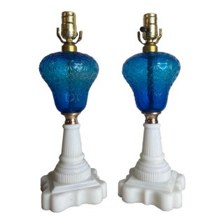 Rare Pair of Large Antique Turquoise and Milk Glass Lamps For Sale