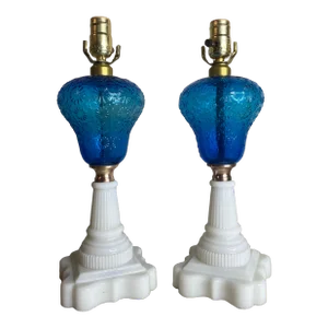 Rare Pair of Large Antique Turquoise and Milk Glass Lamps