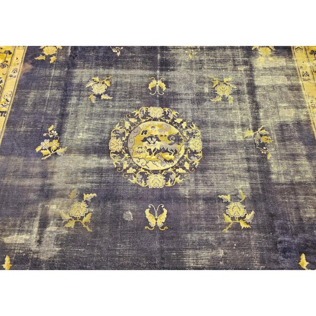 Textile 19th Century Chinese Peking Rug, Handwoven Wool, Indigo & Yellow, 10' X 14' For Sale - Image 7 of 12