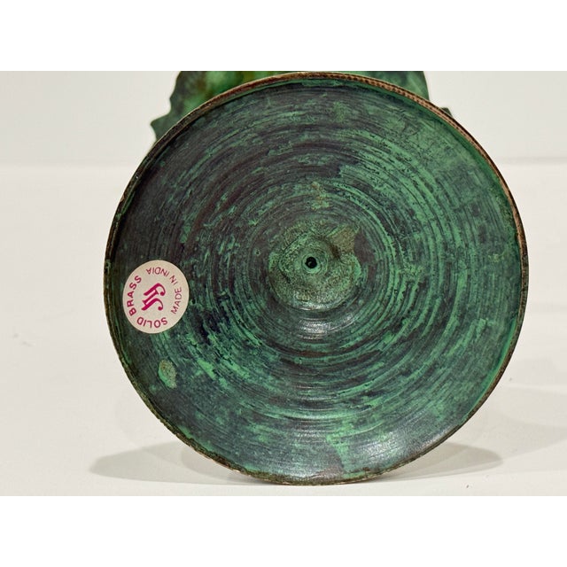 Metal Art Nouveau Brass Candle Holder W/ Green Patina Pillar & Spike Nature Design For Sale - Image 7 of 7