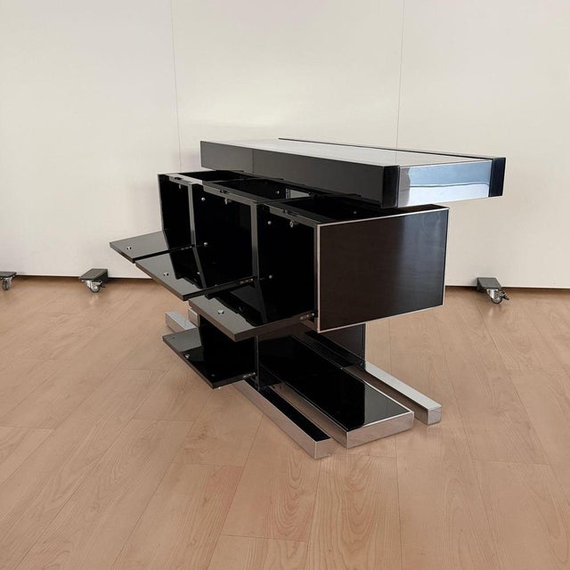 Convertible Bar and Stools in Black Lacquer, Chrome & Leather, Italy, 1970s, Set of 3 For Sale - Image 10 of 18