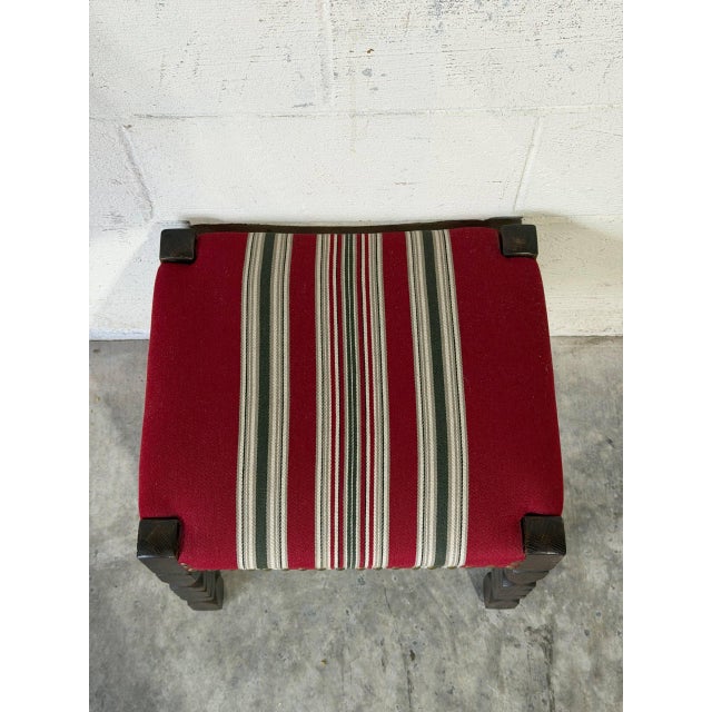 Mid 20th Century Dark Oak Ottoman Footstool With Red Striped Fabric Upholstery and Nailhead Trim Vintage For Sale - Image 5 of 10