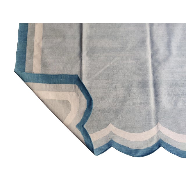 Handmade Cotton Scalloped Rug, Grey with Cream and Blue Border 8'x10' For Sale - Image 6 of 8