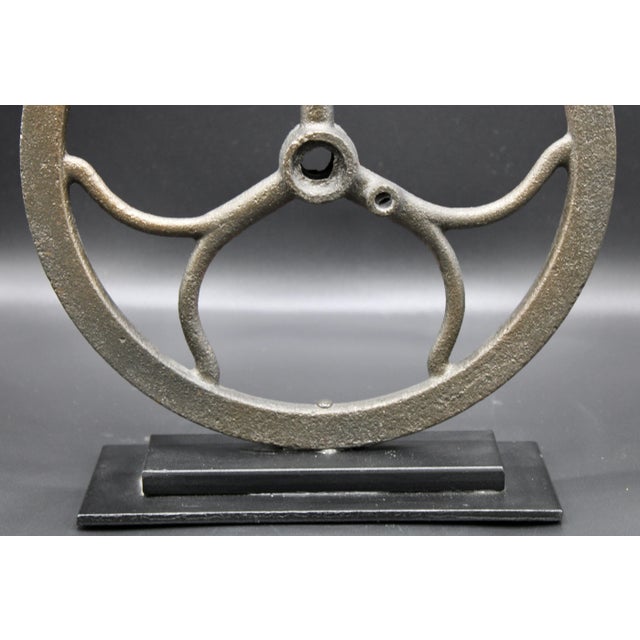 Metal Vintage Iron Pulley on Custom Mount For Sale - Image 7 of 10