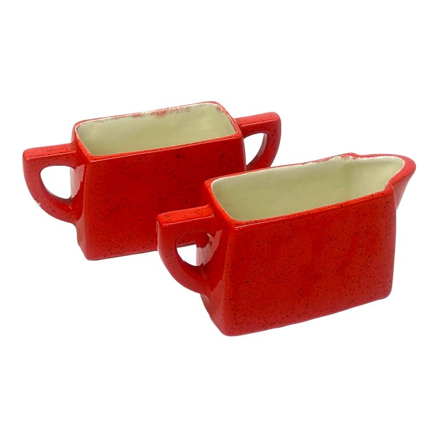 Mid 20th Century Danish Modern Bright Red Glazed Ceramic Creamer & Sugar Bowl Set For Sale