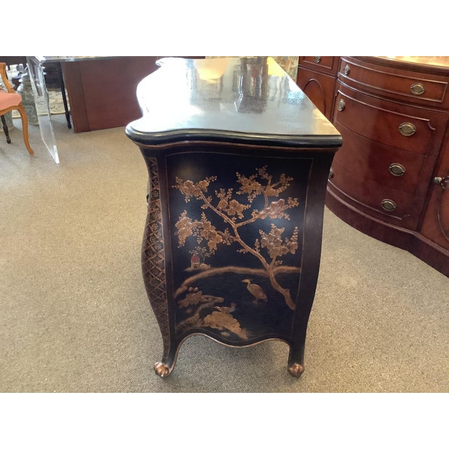 Chinoiserie Black Chinoiserie Chest of Drawers With Marble Top. Bombe Style For Sale - Image 3 of 8