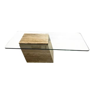 Cantilevered Travertine Marble and Glass Coffee Table For Sale