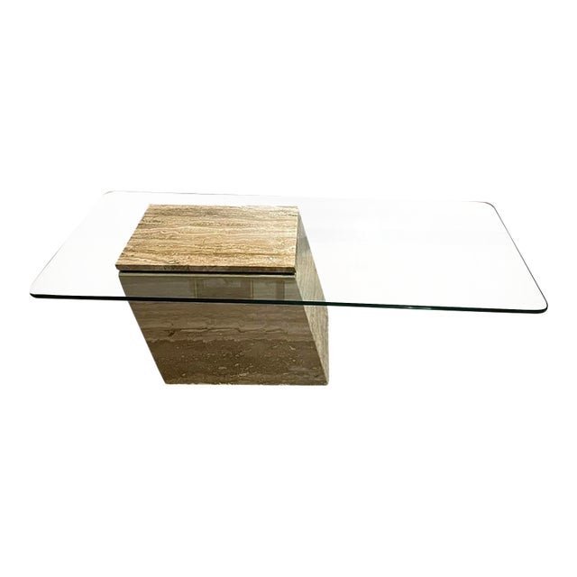 Cantilevered Travertine Marble and Glass Coffee Table For Sale