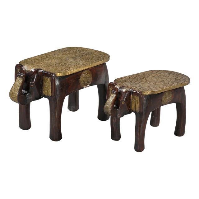 1960s Hand Carved Elephant Footstools Set of 2 | Hammered Brass Inlay Mango Wood Bench | Unique Indian Animal Ottoman | Living Room Accent Table For Sale